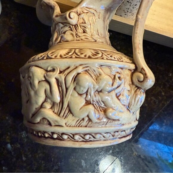Vintage Ceramic Pitcher With Embossed Cherub & Nature Design Signed By P. Lewis - Picture 6 of 6